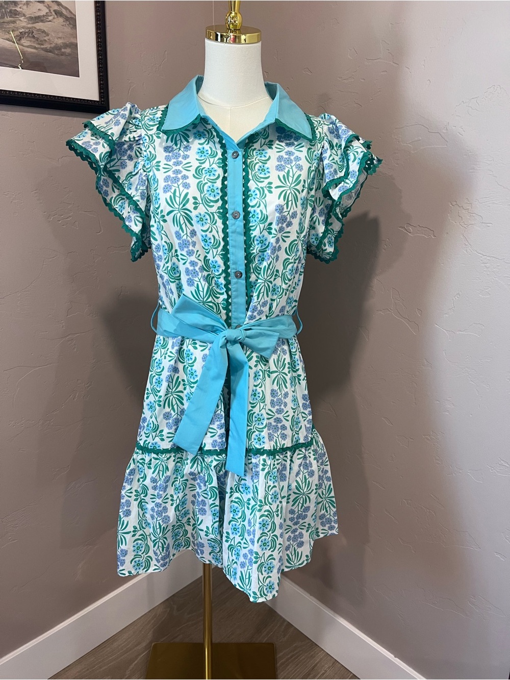 Entro Turquoise Floral Belted Dress Size Large